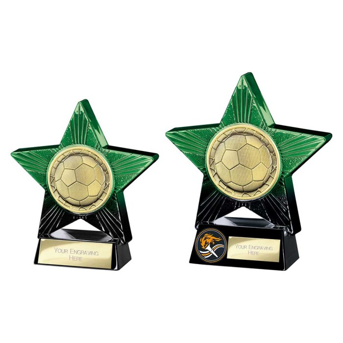 SUPERSTAR GREEN FOOTBALL RESIN TROPHY - 2 SIZES 11CM & 14CM